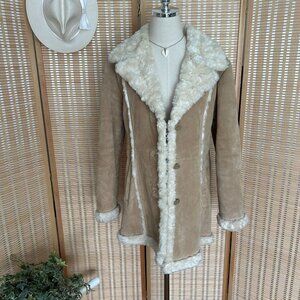 Vintage Tan Shearling Coat Womens M/L Suede & Faux Fur Button Front Winter Jacke